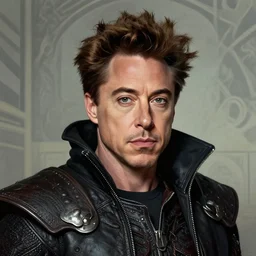 portrait of a dungeons and dragons warlock who looks like robert downey jr, rossdraws, matte painting, artstation, on stylized background, masterpiece, highly detailed