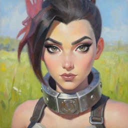 oil painting of tracer overwatch in a field, in style of artgerm, expressive face, very detailed face, wearing large steel choker, very detailed eyes, full body, feminine face, detailed makeup on eyes,