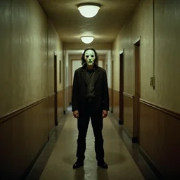 man with a creepy mask standing in a hallway, 1 9 4 0 s architecture, surreal photography, symmetry, mid century, liminal space, soft lighting, creepy, horror, macabre, bioluminescence, annie leibovitz