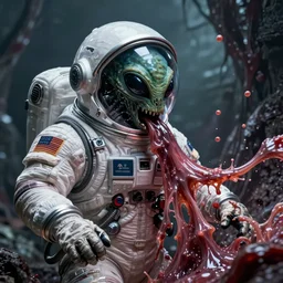 zooey channel wearing a spacesuit, being swallowed by an alien, scary, goo, slime, horror movie, hyperdetailed, uhd,