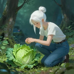 photography of a girl sorcerer with white hair put up into a bun, jeans, tshirt, finding a peculiar cabbage. photorealistic, magical atmosphere, by Renato Muccillo, Andreas Rocha, James Gurney, guillaume tholly, Gthl.art, Makoto Shinkai, Miyazaki, Breath of the wild, Simon Stålenhag, studio ghibli. Trending on ArtStation. award winning.