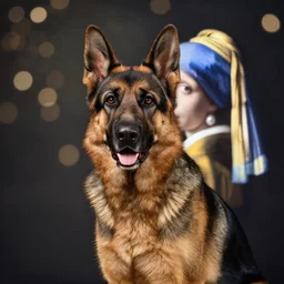 An extremely beautiful studio photo of a German Shepherd dog in the style of the Girl With a Pearl Earring, bokeh, 90mm, f/1.4