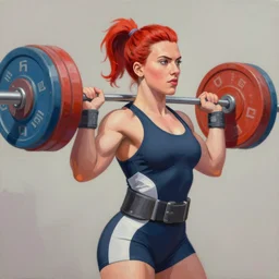 greg manchess portrait of scarlett johansson as thick muscular weightlifter zarya from overwatch with ponytail and red hair, medium shot, asymmetrical, profile picture, organic painting, sunny day, matte painting, bold shapes, hard edges, street art, trending on artstation, by huang guangjian and gil elvgren and sachin teng