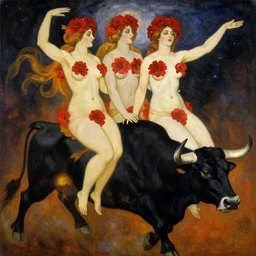 highly detailed painting of gemini goddesses wearing red flowers while they ride a black bull in space by tamara de lempicka
