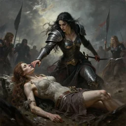 a painting of an ominous and sinister looking valkyrie choosing the death on the battlefield, dynamic lighting, ray tracing, tom bagshaw, donata giancola, mary jane ansell, atmosphere, realism, octane render, dof, hyperdetailed,