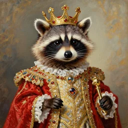 the royal king's raccoon by greg hildebrant lisa frank fancy rococo baroque regal oil painting high quality award winning clothed in fancy garb