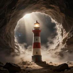 lighthouse making with wormhole and dust, shine in space to the lightyears distance, octane render, in style of interstellar movie