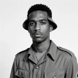 Joey Badass as a soldier during WW2, black and white photo, grainy