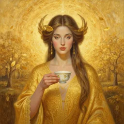 epic painting, full figure portrait of beautiful goddess holding tea cup with golden glow background, drawing, photography by amy leibowitz, wlop, jeremy lipkin, beeple, intricate golden fractals, team leaves flying in the sky, symmetrical front portrait, artgerm, date trees in background