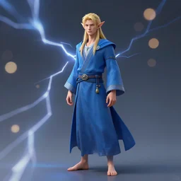 character concept, distant full-body, male elf. Blond hair, blue robes, barefoot. Detailed, high quality, bokeh, sharp focus, smooth, dynamic lightning, fantasy. Artwork by artgerm, WLOP, alex ross, greg rutknowski, Alphonse Mucha