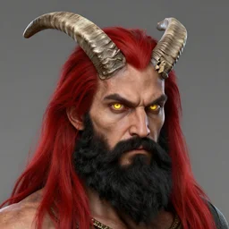 dnd render of a man, red, a big black beard, completely golden eyes, 1 curved horn growing out of his forehead, one broken horn groing out of his forehead,