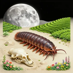 huge woodlouse, bones of dead animals, a landscape on the moon with many craters, tea terraces, a beautiful flowering garden, a lot of exotic vegetations, trees, intricate detaild, pale colors, 8 k, in the style of martin johnson heade and roger dean