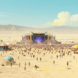 summer party rave gigantic desert burning man stage and thousands of party people beautiful picture and scenery, pastel shades of blue and yellow, official fanart behance hd artstation by greg rutkowski, by jeremy mann, by francoise nielly, by van gogh
