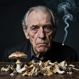 photographic portrait of wrinkly sad max ernst swan dried melting floral fungus with spiraling cigarette smoke, sharp focus