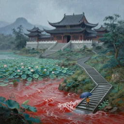 a gorgeous landscape painting by barlowe wayne maxfield parrish and marco mazzoni. rainy mood. chinese temple. grey blue. just one boy with umbrellas on the winding steps. lotus lake. ultra clear detailed. 3 d, octane render. turbulent blood lake.