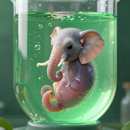a hybrid elephant squid fetus growing in a giant green bubbling test tube, octane render, caustics, 4 k