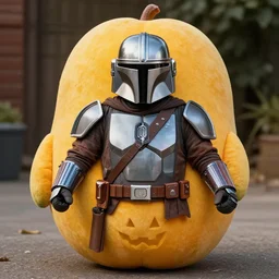 the mandalorian in a large, stuffed, mango halloween costume.