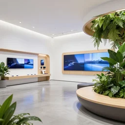 hyperdetailed brutalist samsung store, polished concrete, white walls, timber, digital screens, curved furniture, lush plants.