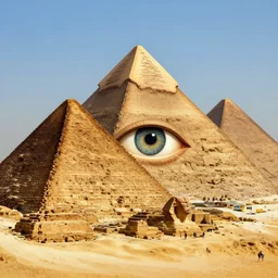 the pyramids of giza with a giant eye in the middle, realistic painting, high definition, digital art, painting, very detailed, procreate, painttool sai, clip studio paint, medibang, pixiv, deviantart, artstation, danbooru, illustration, realistic