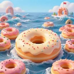 donut shop advertisment. donuts close together. storybook imagery. landscape photography of a turbulent donut ocean that is made up of a sea of giant cream glazed sprinkle covered donuts. claymation. diorama. digital art. colorful. render. 4 k. 8 k. trending. wallpaper.