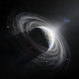 space debris revolving around black hole in black starless space, dramatic light