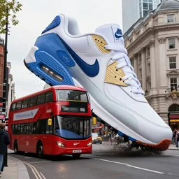a typical london bus colliding with a gigantic nike airmax 9 0 shoe in the 5 th avenue, new york, realistic, by origiful, 4 k