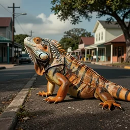 Giant Water Dragon Iguana Bot on Main Street in a Small American Town, by Bob Eggleton and Edward Hopper and Alejandro Burdisio