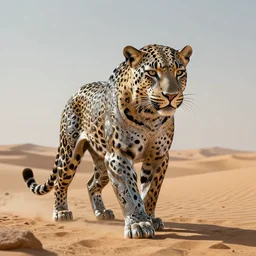 android leopard in the middle of the desert, matte metal and chrome :: by beeple and James Gilleard and Justin Gerard :: ornate, dynamic, particulate, intricate, elegant, highly detailed, centered, artstation, smooth, sharp focus, octane render, 3