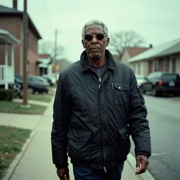 photo, 1 0 0 year old black man wandering in memphis neighborhood, moncler jacket, circular sunglasses, portrait, kodak ektachrome, greenish expired film, award winning, low contrast