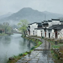 a gorgeous bleak spring landscape painting by barlowe wayne maxfield parrish and marco mazzoni. traditional huizhou architecture near the river!! rainy mood. grey blue and very little light verdancy. wet winding stone steps. ultra clear detailed. 3 d, octane render. fog, 8 k