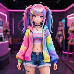 anime, vrchat, secondlife, imvu, 3 d model of a girl wearing harajuku colorful clothes, pop colors, kawaii hq render, detailed textures, artgerm artstationhd, booth. pm, highly detailed attributes and atmosphere, dim volumetric cinematic lighting, hd, unity unreal engine