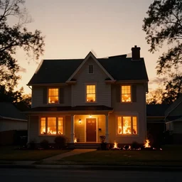 house on fire aesthetic, golden hour, dim light, ultra hd, ultra sharp, hyper detailed, 8 k, shot on 3 5 mm film camera, smooth sharp focus, tumblr aesthetic, we heart it aesthetic,