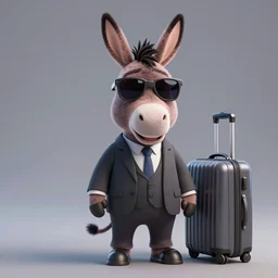 3D render of a donkey character in a suit and wearing cool sunglasses, next to a travel suitcase, gray background, amazing detail, artstation, octane render, 8k resolution