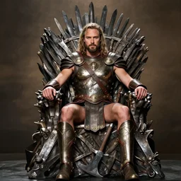 gal gadot as king conan, directed by john millius, photorealistic, sitting on a metal throne, wearing ancient cimmerian armor, a battle axe to his side, he has a beard and graying hair, cinematic photoshoot in the style of annie leibovitz, studio lighting