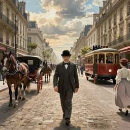 artist ewan mcgregor is walking in early 2 0 th century paris. he is a gentleman and wears a bowler hat, horses, horse carts, horse cartridges on streets, walking ladies and gentlemen an early car prototype, early 2 0 th century tram, digital art, very detailed, extreme long shot, atmosphere, dramatic lighting, epic composition, wide angle, by miyazaki, nausicaa ghibli, breath of the wild