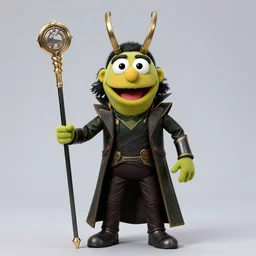 studio portrait still of muppet!!!!! loki!!!!!! from avengers infinity war with scepter as a muppet muppet as a muppet, 8 k, studio lighting, key light,