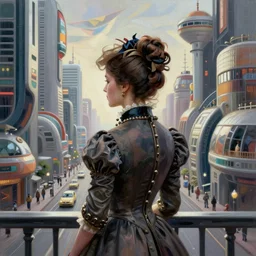 portrait of a victorian lady in a futuristic city, from behind, streets, highly detailed, digital painting in the style of M C Escher and Pablo Picasso