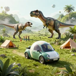 a spherical car driving next to a beautiful camp with tyrannosaurus rex and humans dancing, smoky, green hills, many interstellar plants, futuristic concept design, airy landscape, high detail rendering by octane, unreal engine, 8 k, cinematic grade.