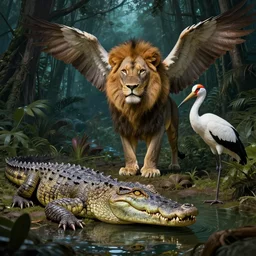 crocodile, lion, and stork. wings and feathers. reptile skin, lion muscles. strange anatomy. in a night jungle by water. pulp sci - fi art.
