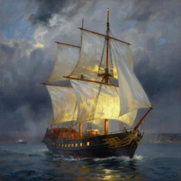 modern dynamic lighting digital oil painting of ship with translucent sail, backlit boat with dramatic storm clouds, harbour in background, foggy, details, decorative, art by anders zorn, wonderful masterpiece by greg rutkowski, beautiful cinematic light, american romanticism by greg manchess, creation by tyler edlin