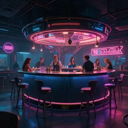 concept art of cyberpunk bar environment : 8 k, hdr, studio, matte painting, environment, digital illustration, artstation, by marcin stepien, by mihai muscan, by marta leydy, by charlotte hughes, by zuzanna dabrowa, neon, highly detailed