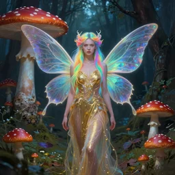 a colorful and stunningly beautiful female faerie priestess in amanita muscaria forest landscape, symmetrical wings on back, neon hair, fantasy art, wearing a dress of gossamer gold, dark light night, sharp focus, digital painting, 4 k, concept art, art by charlie bowater and alphonse mucha, brom, face by otto schmidt