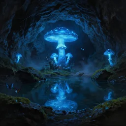 a mystical cave with  glowing blue mushrooms, still water calm as a mirror, dark rocks, shadows, mossy ground, atmospheric, butterflies, misty, masterpiece, very detailed, cold blue light, trending on artstation, hyperrealistic, painted by Jessiah Thomason