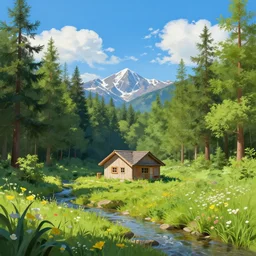 small modest gorean home in the forest, mountains in distance, non - obstructive view of mountains, very vibrant and clear bright blue sky, fluffy clouds, lush, spring, wildflowers, creek, smooth, sharp focus, naturalism, trending on byron's - muse, matte painting, digital painting, art by patrick moncrief, 3 d, environment visualization,