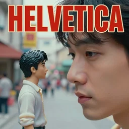 beautiful hyperrealism three point perspective film still of A meets B scene in HELVETICA BOLD FONT(1988) extreme closeup portrait in style of 1990s frontiers in translucent porclein miniature street typography photography seinen manga fashion edition, miniature porcelain model, focus on face, eye contact, tilt shift style scene background, soft lighting, Kodak Portra 400, cinematic style, telephoto