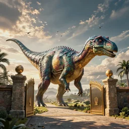 The gate to the eternal kingdom of diplodocus, fantasy, digital art, HD, detailed.
