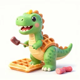 an illustration of a delicious color dinosaur made of waffles, barbecuing chewing gum, in a room with noir drapes of the future