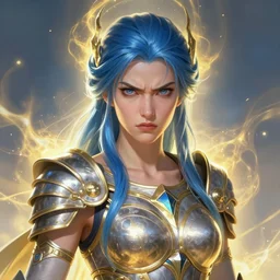 The Godess Hera looking angry, detailed armor, portrait radiating a glowing aura, highly detailed, digital painting, artstation, concept art, smooth, sharp focus, beautiful face, symmetric face, enchanted, official fanart, behance, HD, blue and yellow theme, by Lois van baarle and Ross Tran