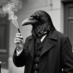 man - raven hybrid smoking, realistic, historic, detailed, realistic, 1 9 2 0's horror film, black and white