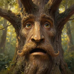 a talking oak tree, a face in the bark, mouth in the bark, nose made of wood, eyes in the bark, fantasy concept art, big moustache, digital painting, oil painting, hyperrealistic, beautiful, treebeard, ent, magical, highly detailed, soft lighting, golden sunlight, very detailed eyes, artstation, cgsociety, in the forest, by alan lee, by artgerm